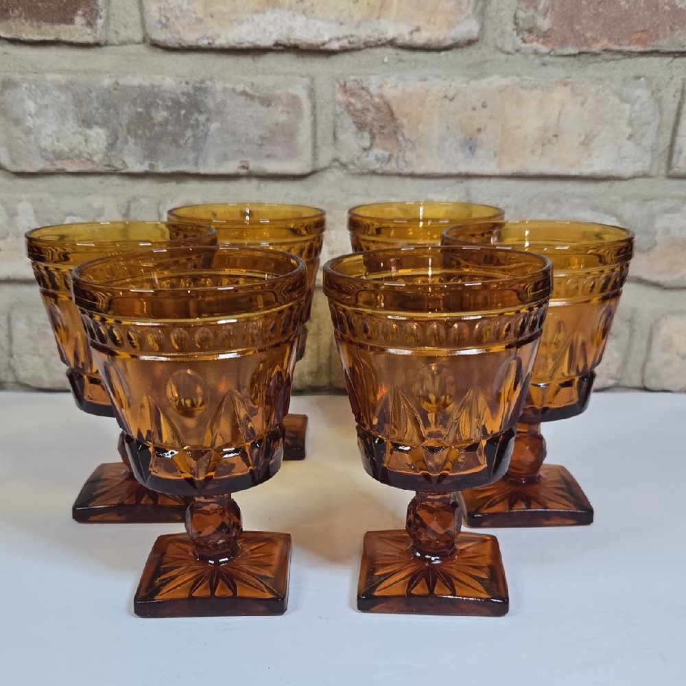Vintage Indiana Glass Park Lane Amber Pressed Glass Goblets Set of 6
